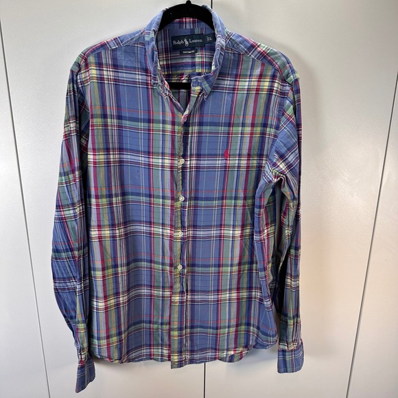 Ralph Lauren Mens Blue Plaid Button Down Shirt Custom Fit Large L - Picture 1 of 7